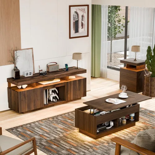 Vista 19 de HOMMPA Mesa de centro moderna con tapa elevable con almacenamiento para sala de estar, mesa de centro LED, mesa de comedor de madera con 2 cajones
