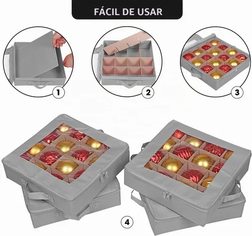 Vista 2 de ProPik 4 cajas de almacenamiento de adornos navideños con divisores, cierre de cremallera superior transparente, 4 bandejas individuales para Gris