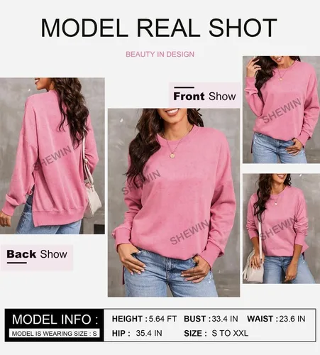 Vista 5 de SHEWIN Sudadera casual de manga larga con cuello redondo para mujer, ligera, holgada