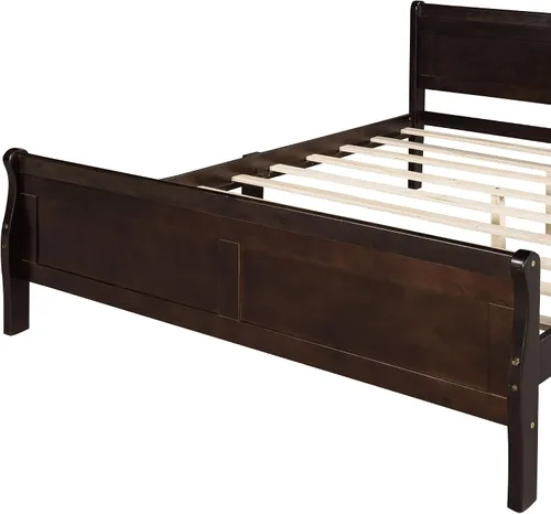 Vista 6 de Cama de plataforma de madera maciza tamaño matrimonial con cabecera y estribo de trineo, base de cama de plataforma de madera completa con Espresso
