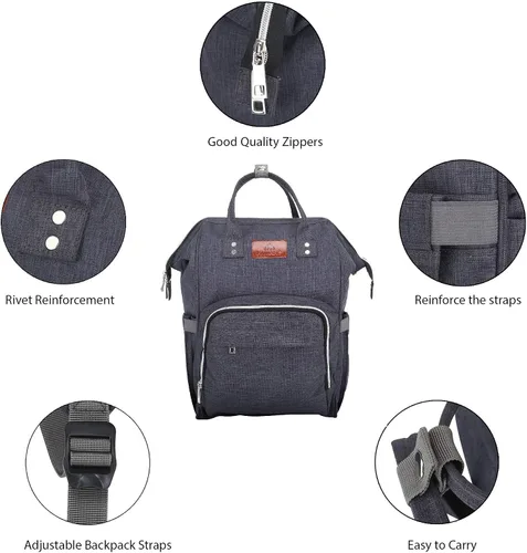 Vista 6 de RAJRANG Mini bolsa de pañales para bebé para mujer, mochila para pañales, organizador de viaje, pequeña, ligera, gris carbón, 18 x 15 x 7 pulgadas