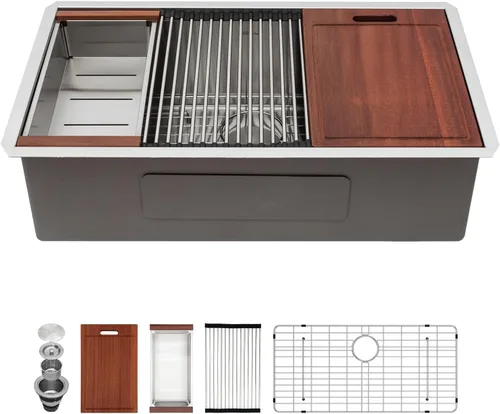 Vista 27 de Sarlai Fregadero de cocina empotrado de 30 pulgadas dorado - Fregadero de cocina de 76,2 cm x 45,7 cm con repisa para estación de trabajo de acero