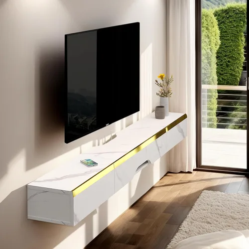 Vista 3 de Pmnianhua Estante Flotante de TV con Cajones, Consola de TV Montada en Pared de 59'', Estante de Medios de Entretenimiento con 2 Cajones y 1 Puerta
