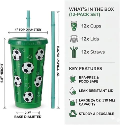 Vista 2 de Paquete de 24 copas de fútbol con tapas y pajitas, vasos de plástico reutilizables grandes de 24 onzas para regalos de fiesta de cumpleaños, regalos