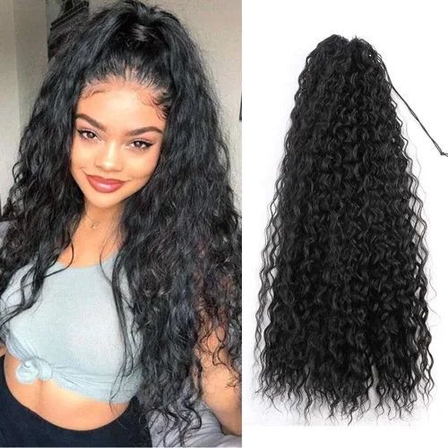 Vista 10 de Extensiones de cola de caballo de color marrón oscuro, extensiones de cabello humano real rizado con cordón, extensiones de cabello humano real