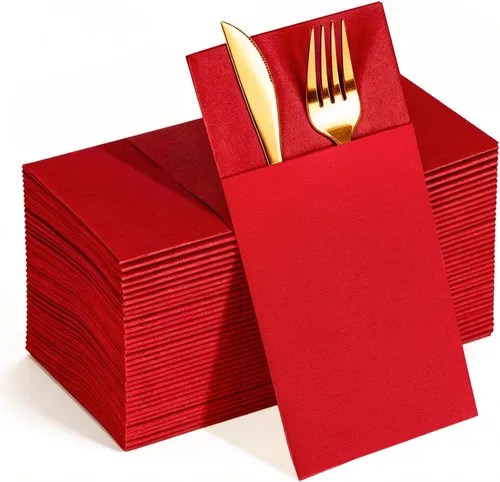 Vista 9 de KAMMAK Servilletas negras desechables con bolsillo, paquete de 50 servilletas de papel de lino preplegadas para decoración de fiestas, decoración