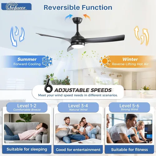 Vista 4 de Sofucor Ventilador de techo inteligente de 52 pulgadas, funciona con aplicación/Alexa/Google, ventilador de techo negro para exteriores con control