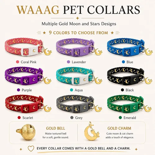 Vista 8 de waaag - Collar de seguridad para gato, con diseño de lunas y estrellas doradas, brilla en la oscuridad