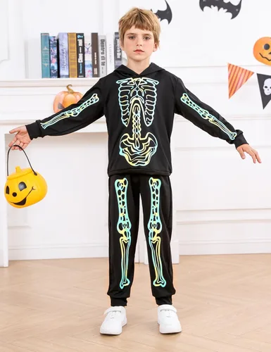 Vista 2 de TUONROAD 5-12 Years Boys Girls Halloween Outfits Kid's Skeleton Glow-in-The-Dark Hoodie Pants Set
