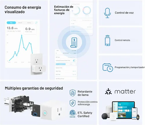 Vista 2 de TP-Link Tapo Enchufe inteligente Mini, Compatible con Matter, Compatible con Alexa, Google Home y Samsung SmartThings, Monitoreo de energía, 15A