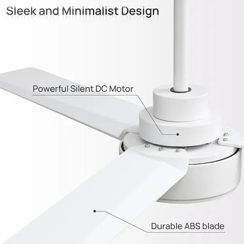 Vista 6 de Sofucor Ventilador de techo blanco de 52 pulgadas sin luz con control remoto, ventilador de techo moderno de 3 aspas ABS, motor CC reversible