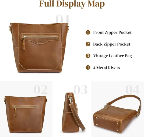 Vista 5 de S-ZONE Bolso bandolera vintage de piel auténtica para mujer, con bolsillo exterior