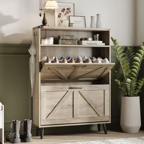 Vista 16 de Halitaa - Gabinete para zapatos con 2 cajones abatibles y almacenamiento abierto, gabinete de almacenamiento de zapatos estilo granja para entrada