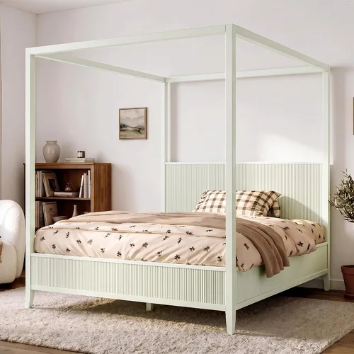 Vista 20 de Cama de plataforma con dosel de 4 pósteres de tamaño matrimonial con cabecero de listones verticales Negro-8.1