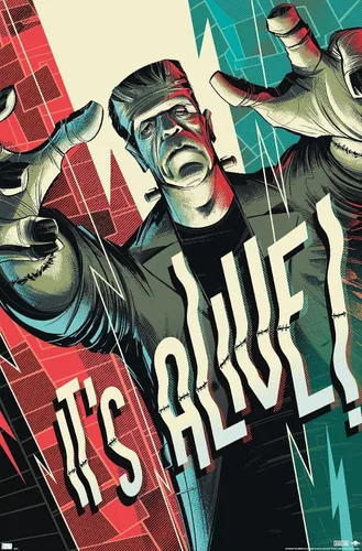 Vista 12 de Frankenstein - Póster de pared It's Alive by César Moreno, 22.4 pulgadas de largo x 14.7 pulgadas de ancho, versión enmarcada en madera de granero