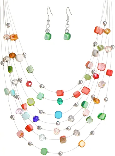Vista 25 de Collar de cuentas de concha bohemia de varias capas para mujer, hebra de cristal colorida con cuentas plateadas, collares y aretes, disfraces