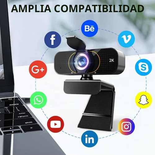 Vista 5 de Cámara web 2K para computadora/laptop/escritorio/PC, cámara con micrófono, USB Plug&Play, corrección automática de poca luz, cubierta de privacidad