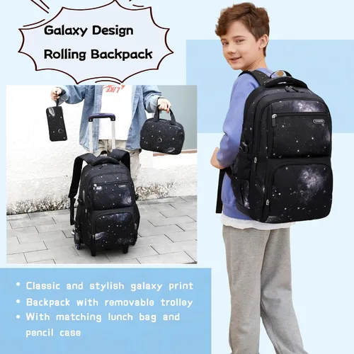 Vista 2 de Mochila con ruedas para niños de primaria con estampado galaxia, mochila con ruedas, 3Pcs-Black-Galaxy., 3Pcs Rolling Backpack Set, Portátil