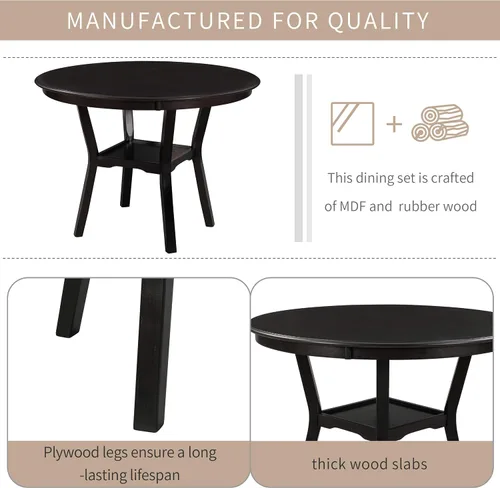 Vista 5 de FRANSOUL Juego de 5 mesas redondas de madera con estante inferior, 4 sillas tapizadas para comedor, cocina, comedor, desayuno familiar, color marrón
