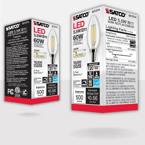 Vista 7 de Satco S21274 LED B11 de 5.5 vatios; transparente; base de candelabro; 90 CRI; 3000 K; 120 voltios (paquete de 2)