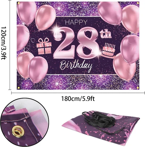 Vista 2 de pancarta grande rosa con texto en inglés “Happy Birthday