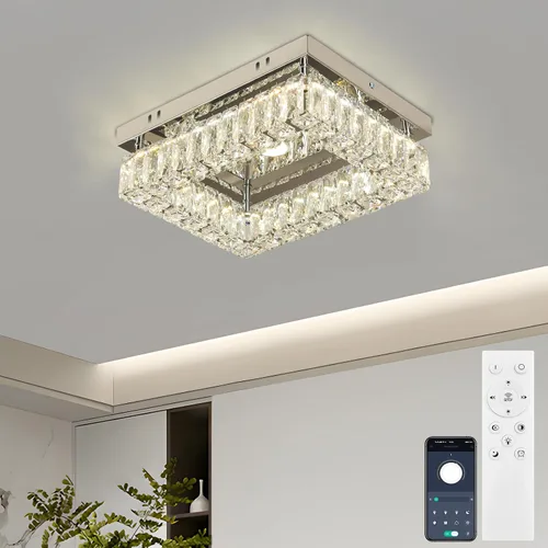 Vista 8 de Finktonglan Lámpara de Techo LED de Cristal Empotrada Moderna, Candelabro Rectangular de Cristal K9 y Acero Inoxidable, 20W Regulable con Control