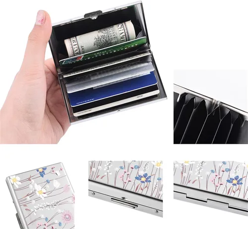 Vista 20 de BONSYL® Soporte para tarjetas de crédito, cartera delgada de metal con bloqueo RFID, con 6 ranuras para tarjetas, para mujeres y hombres.