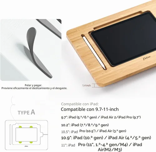 Vista 3 de ELETIUO Soporte ajustable para tablet con ranura para lápiz y cable de cargador, soporte de madera de bambú con múltiples ángulos, organizador