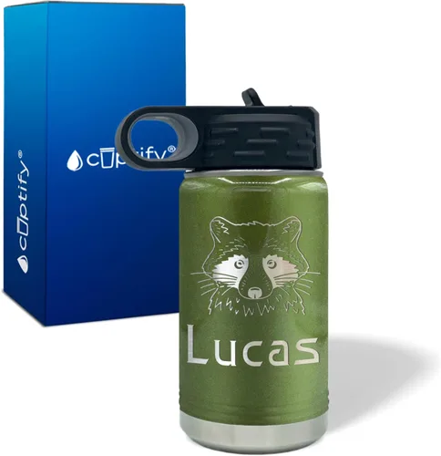 Vista 17 de Botella de agua para niños personalizada con nombre en botella de agua aislada con anillo verde mate de 12 onzas