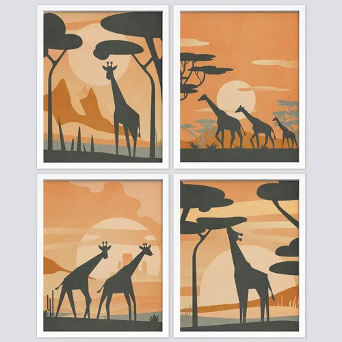 Vista 86 de SIGNWIN Marco de arte de pared de jirafa de safari africano, juego de 4 impresiones coloridas de paisaje, decoración de pared de naturaleza