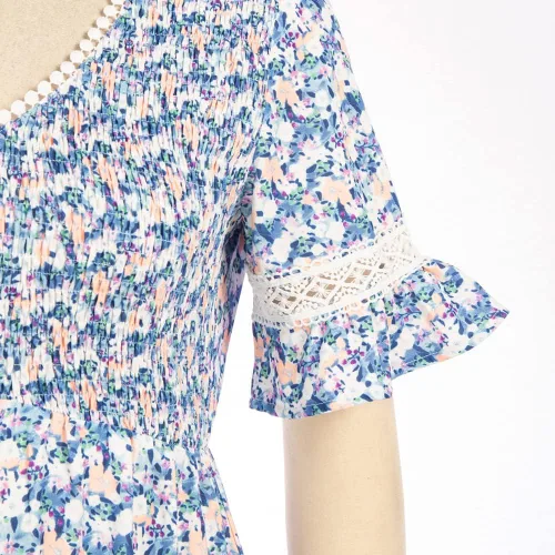 Vista 9 de GRACE KARIN Vestido largo bohemio con cuello en V para mujer, manga corta, fruncido, escalonado, cintura imperio, con volantes, para la playa