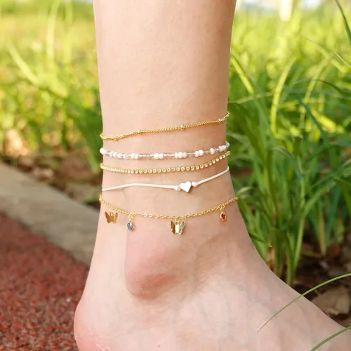 Vista 5 de 6 pulseras de tobillo para mujer, tobilleras de oro real de 14 quilates, impermeables, de espiga de espiga de oro Figaro, tobillera de eslabones