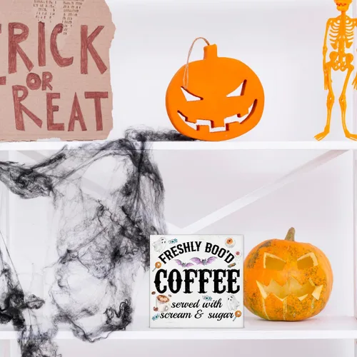 Vista 6 de Decoraciones de Halloween, decoración de cocina de Halloween, letrero de madera de café, decoración de Halloween para interiores, para escritorio