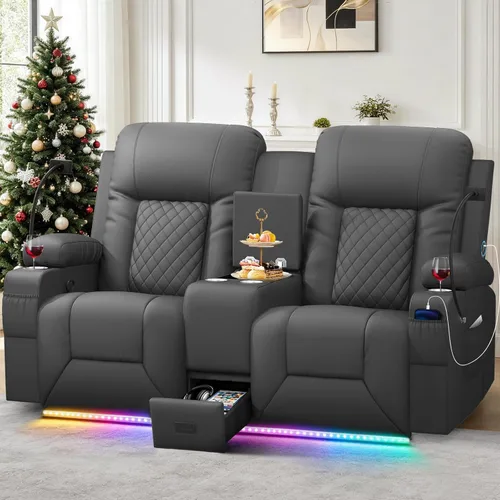 Vista 24 de YONISEE Juego de muebles de sala de estar, sofá biplaza reclinable de 2 plazas y silla reclinable giratoria de 360° con masaje, sofá reclinable