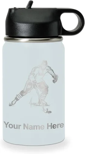 Vista 65 de LaserGram Botella de agua personalizada, jugador de hockey, acero inoxidable de doble pared aislada al vacío con popote superior, regalo grabado