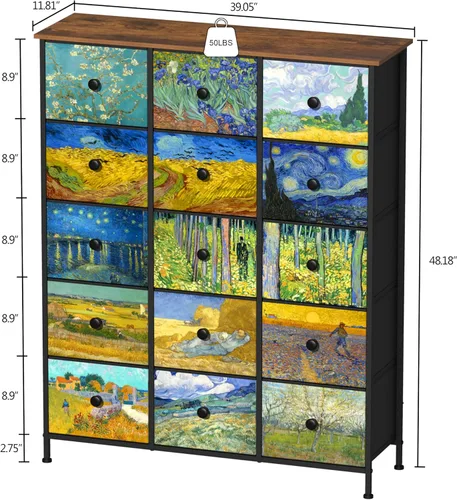 Vista 2 de EXOTICA - Cómoda grande con 15 cajones, cómoda alta de tela Van Gogh para dormitorio, sala de estar, entrada, armario con marco de metal resistente