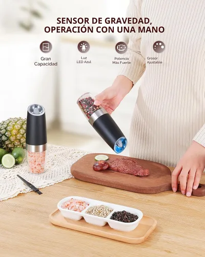 Vista 2 de Sangcon Gravity - Juego de molinillo eléctrico de sal y pimienta con agitador automático, molinillo con luz LED, FUNCIONA CON BATERÍAS, grosor