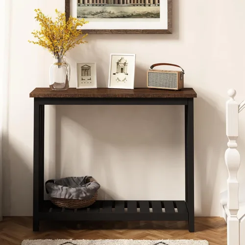 Vista 4 de ChooChoo Mesa de Consola para Entrada, Mesas de Sofá para Sala de Estar Estilo Granja, Mesa Estrecha para Pasillo y Vestíbulo con Estante, Negro
