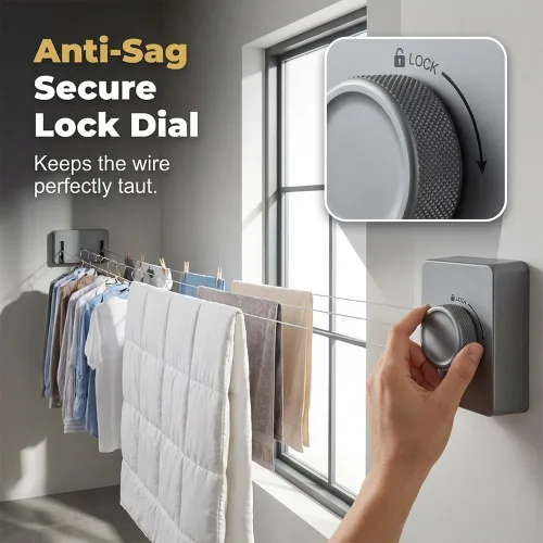 Vista 6 de Tendedero retráctil para interiores y exteriores con diseño anticaída, nuevo tendedero retráctil 2026 para baño, tendedero de acero inoxidable