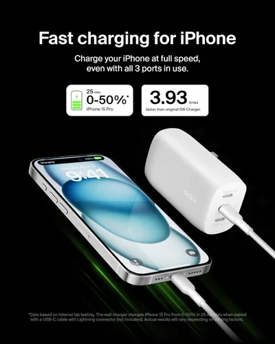 Vista 3 de Belkin Bloque de cargador USB C de 3 puertos de 67 W - PPS USB-C PD3.1 PPS carga súper rápida - Samsung Galaxy S26, Apple iPhone 17, Air, Pro