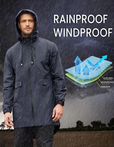 Vista 2 de COOFANDY Chubasquero largo para hombre, chaqueta impermeable para exteriores, con capucha