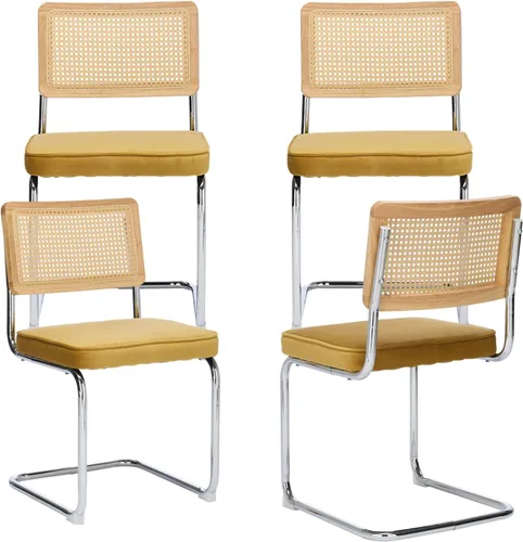Vista 15 de Juego de 2 sillas de comedor de terciopelo con respaldo de ratán, diseño moderno Breuer con base cromada inoxidable sin brazos tapizada para Beige