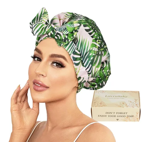 Vista 11 de 2 piezas de gorras de ducha para mujer, gorras de ducha reutilizables impermeables para el cabello con moño ajustable, lujosa gorra de baño para Rosa