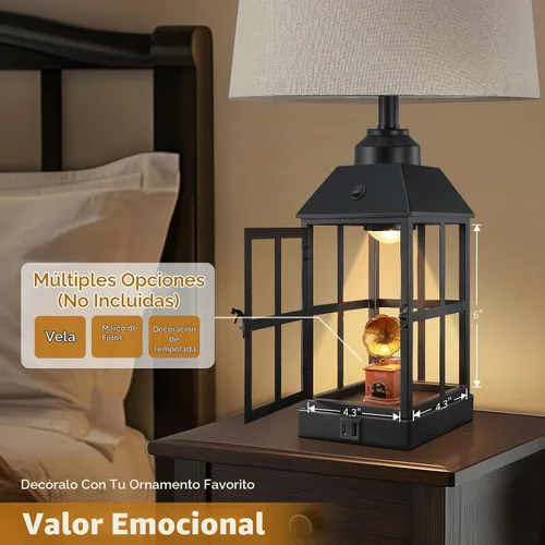 Vista 2 de Lámparas de mesa estilo granja de 25" para sala de estar, juego de 2 lámparas negras con puerto USB y luz nocturna, lámpara de mesa rústica