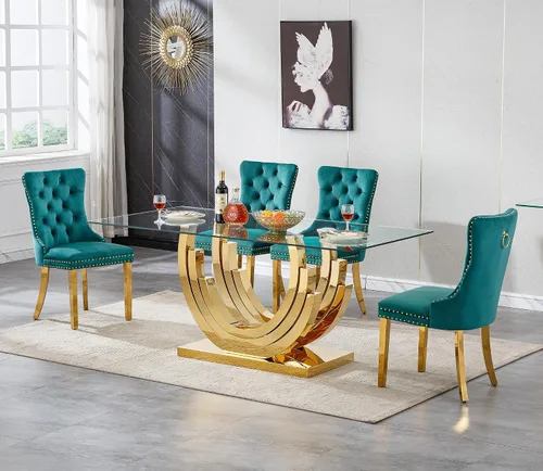 Vista 26 de Juego de mesa de comedor de cristal dorado de 5 piezas, 70 pulgadas, rectangular, moderna, para cocina y comedor, mesa de comedor para 4, mesa