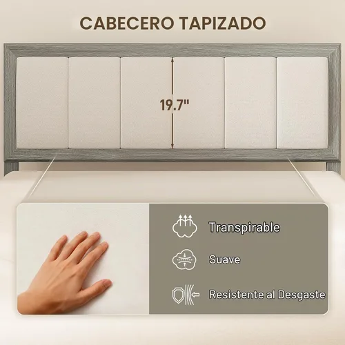 Vista 4 de HOMCOM - Base de cama de tamaño matrimonial, cabecera tapizada, listones de madera, color gris Marco de cama de plataforma, no necesita somier