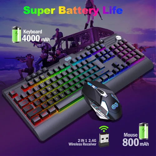 Vista 4 de Combo de teclado y mouse inalámbricos para juegos con retroiluminación LED arco iris, batería recargable de 4000 mAh, mecánica, ergonómica