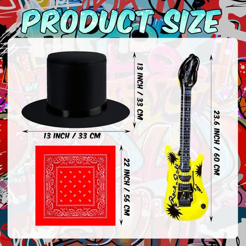 Vista 2 de Yingzhao 2 juegos de 9 piezas de disfraces Rocker de los años 80 para hombres, incluye peluca mecedora inflable para guitarra, manga de tatuaje
