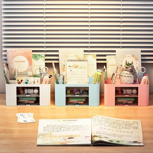 Vista 5 de Organizador de escritorio creativo y simple, 7 rejillas, organizador de mesa de plástico con cajón, organizador de escritorio multifuncional, Azul