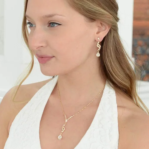 Vista 5 de Mariell Graceful - Juego de collar y aretes de lágrima de oro de 14 quilates, para novia, dama de honor y baile de graduación, Metal Gema, Circonita